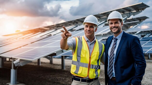 Foto foreman e empresário em uma estação de energia solar