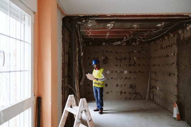 Foto foreman ou arquiteto trabalhando em projetos de melhoria de casas em um canteiro de obras