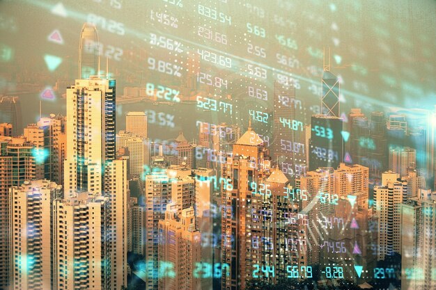 Forex-Chart auf Stadtbild mit Wolkenkratzern Tapete Doppelbelichtung Finanzforschungskonzept