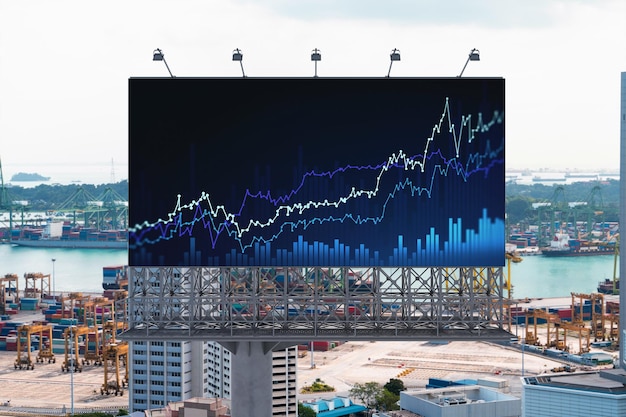 Forex e holograma do mercado de ações no outdoor rodoviário sobre a vista panorâmica da cidade de Cingapura O centro financeiro no sudeste da Ásia O conceito de comércio internacional