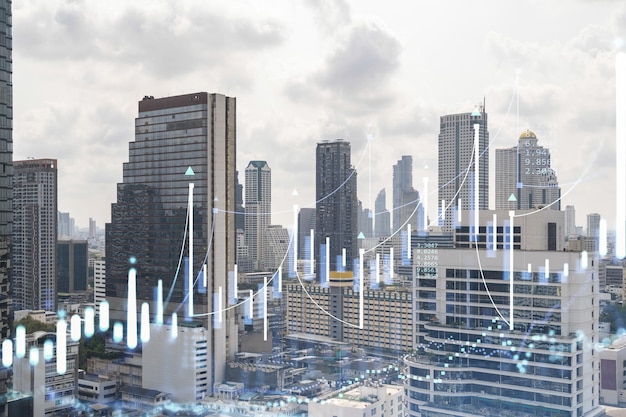 Forex e holograma do mercado de ações sobre a vista panorâmica da cidade de Bangkok, o centro financeiro no sudeste da Ásia O conceito de comércio internacional Dupla exposição