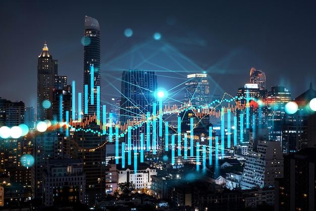 FOREX gráfico holograma paisagem urbana panorâmica noturna de Bangkok o local desenvolvido para pesquisadores do mercado de ações na Ásia O conceito de análise fundamental Dupla exposição