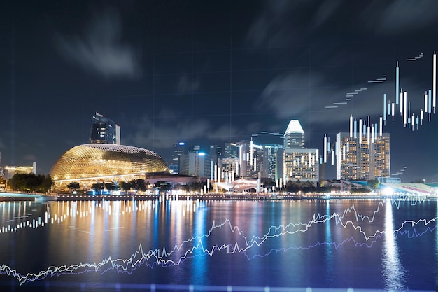FOREX gráfico holograma paisagem urbana panorâmica noturna de Cingapura o local desenvolvido para pesquisadores do mercado de ações na Ásia O conceito de análise fundamental Dupla exposição