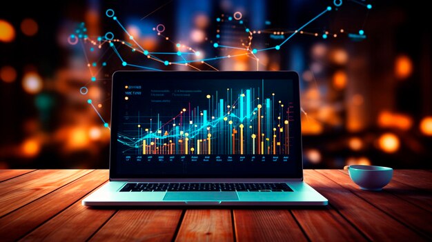 Forex-Grafikhologramm auf Tisch mit Computerhintergrund Doppelbelichtungskonzept der Finanzmärkte Generative KI