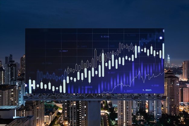 FOREX-Graph-Hologramm auf Billboard-Antenne Nachtpanorama Stadtbild von Kuala Lumpur KL ist der entwickelte Standort für Börsenforscher in Malaysia Asien Das Konzept der Fundamentalanalyse