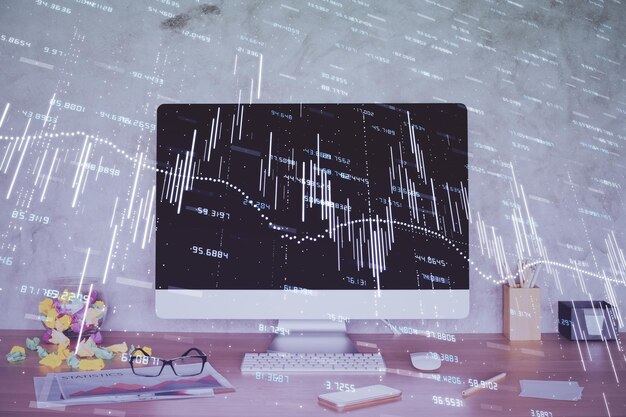 Forex-Graph-Hologramm auf dem Tisch mit Computerhintergrund Doppelbelichtung Konzept der Finanzmärkte