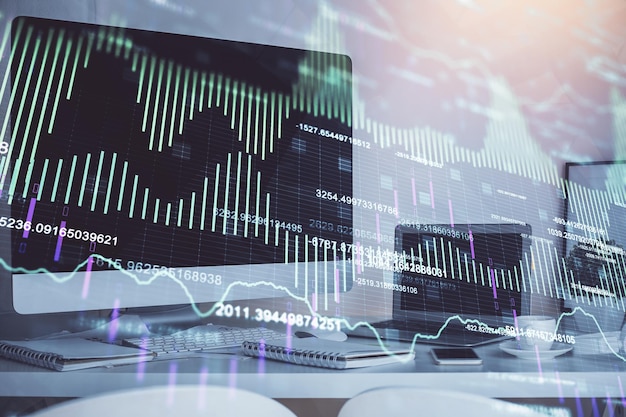 Forex-Markt-Chart-Hologramm und PC-Hintergrund Multi-Exposure-Konzept der Investition