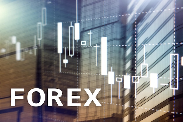 Forex trading gráfico de velas financeiras e gráficos no fundo do centro de negócios desfocado