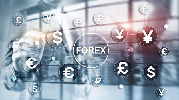 Forex trading intercambio de divisas negocios finanzas diagramas dólar euro iconos sobre fondo borroso.