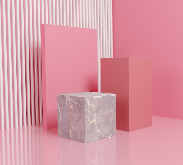 Forma abstracta podio de color rosa con caja de mármol.