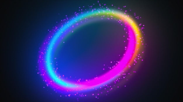 Forma de anillo de líneas de arco iris y partículas luminosas de colores 3d render fondo mágico generado por computadora