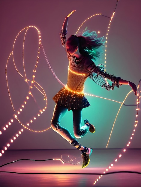 Foto una forma de baile de figura humana sombría abstracta hecha de cables y luces de cuerda