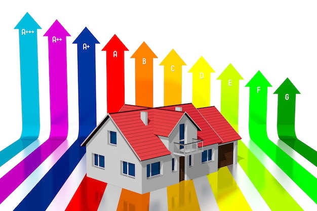 Forma de la casa y flechas de colores consumo de energía concepto de efectividad ilustración 3D