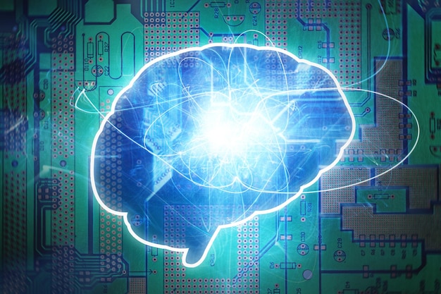 Forma de cerebro con efectos de luz y placa de circuito impreso que simboliza la red neuronal artificial.