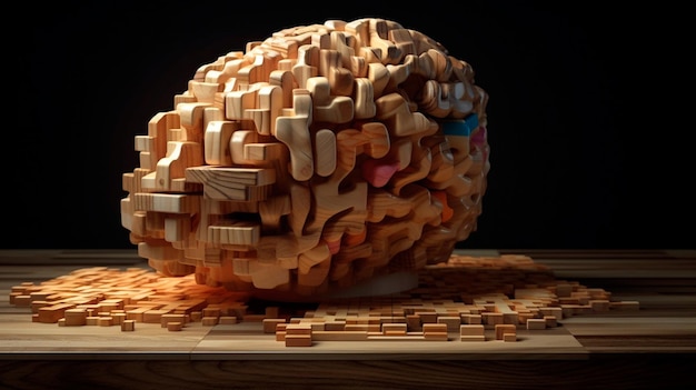 Forma de cerebro hecha con bloques de rompecabezas de madera El lado del pensamiento lógico del cerebro IA generativa