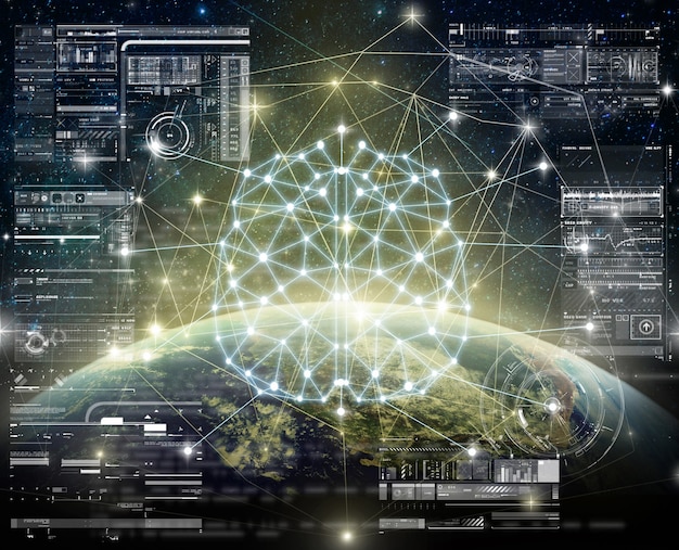 Forma de cerebro poligonal de inteligencia artificial con tecnología de pantalla virtual digital