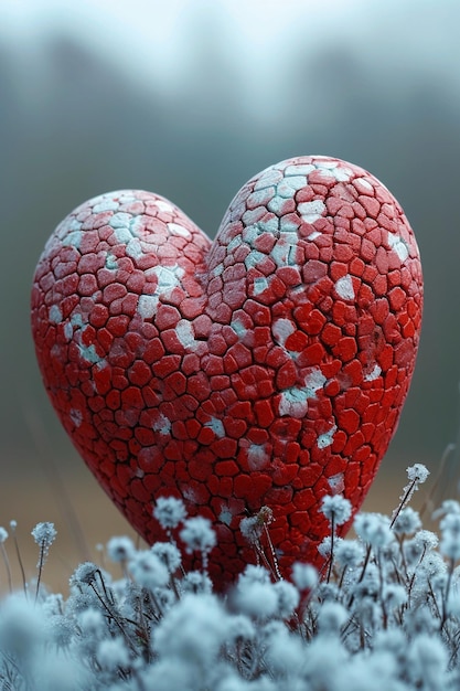 una forma de corazón 3D compuesta de patrones minimalistas rojos y blancos