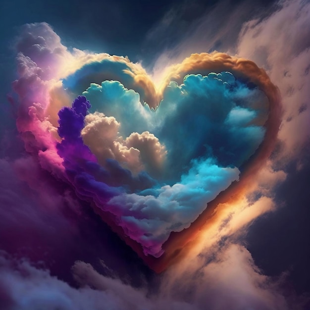 Una forma de corazón asombrosamente hermosa y vibrante se representa en las nubes creando un llamativo fondo abstracto Ai generativo