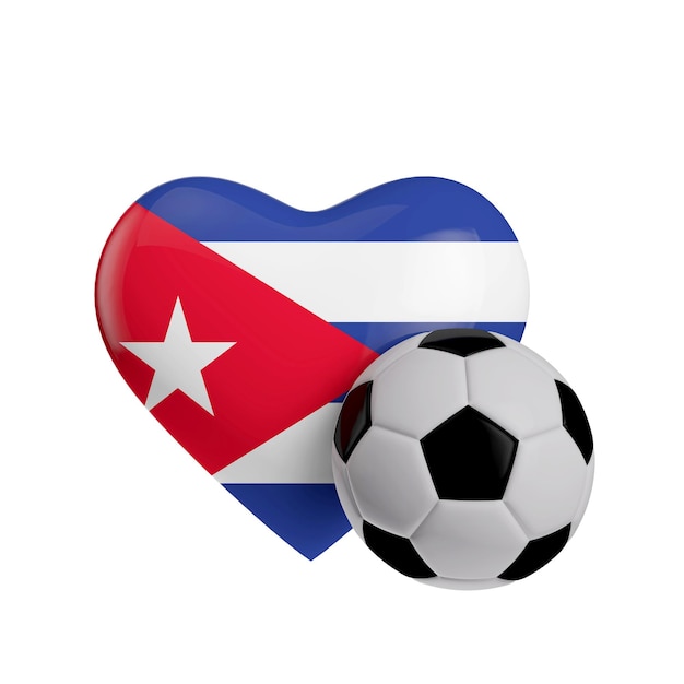 Forma de corazón de bandera de Cuba con una pelota de fútbol Amor fútbol 3D Rendering