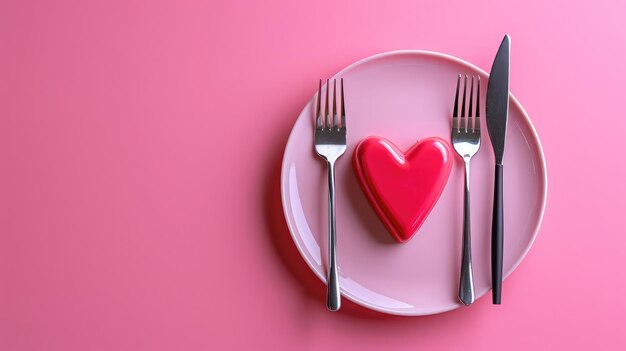 en forma de corazón cuchillo de mesa y tenedor en plato rosa