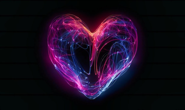 Una forma de corazón dibujada con luces de neón sobre un fondo negro