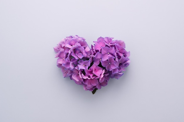 Forma de corazón de flores sobre fondo violeta, amor concepto de día de San Valentín