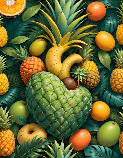 La forma del corazón formada por las frutas tropicales