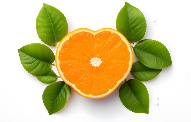 forma de corazón de fruto naranja con hojas aisladas en fondo blanco vista superior