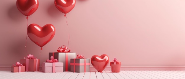 forma de corazón de globo rojo y rosa en estudio rosa con cajas de regalo IA generativa