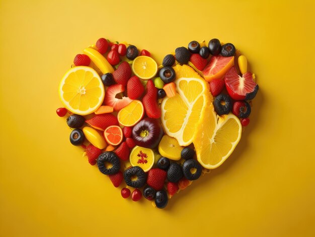Forma de corazón hecha de diferentes frutas y cervezas sobre fondo amarillo ai generativo