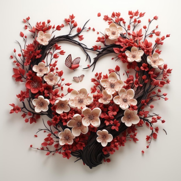 Forma de corazón hecha de flores y hojas sobre fondo blanco ilustración 3d