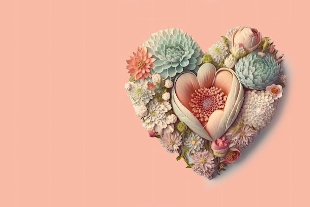 Forma de corazón hecha de flores de primavera sobre fondo pastel