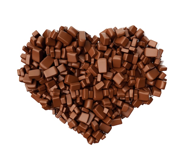 Forma de corazón hecha de trozos de chocolate Piezas de chocolate que muestran amor Ilustración 3d aislada