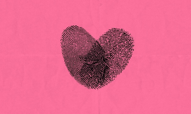 Forma de corazón huellas dactilares entrelazadas símbolo del amor aislado en fondo rosa