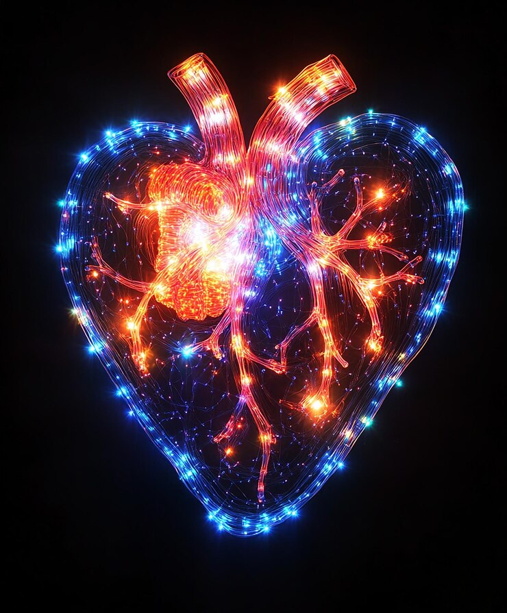 Forma de corazón humano luz de neón brillante estilo poli bajo