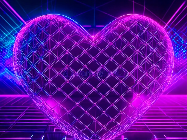 Forma de corazón con ilustración de red de estructura alámbrica Synthwave Fondo digital abstracto 80s 90s Retro f