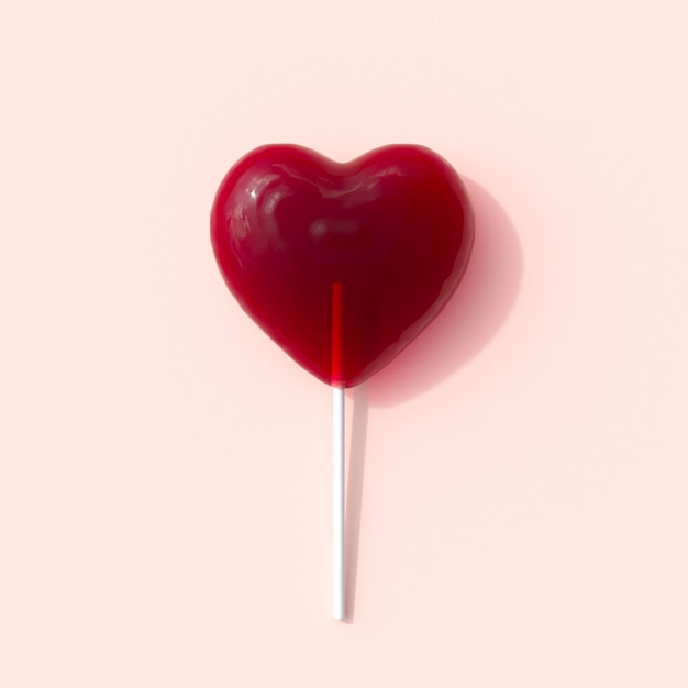 Forma de corazón rojo de caramelo de piruleta sobre fondo rosa para espacio de copia 3D Render Minimal Valentine Concept Idea