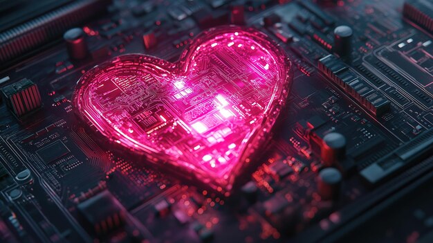 Forma de corazón rosa brillante con circuitos radiantes y elementos de placa base en el centro