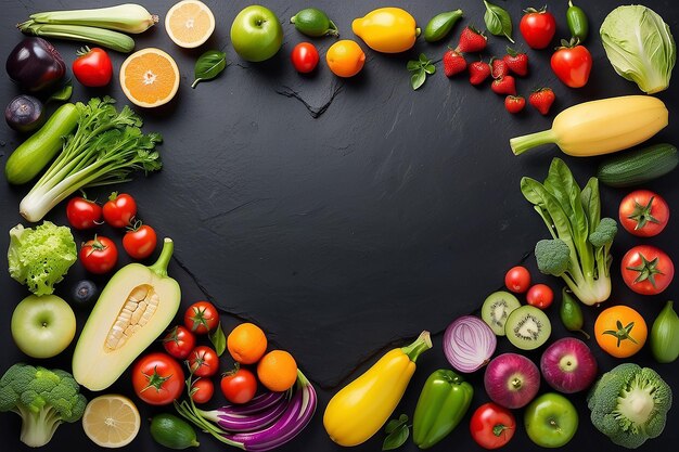 Forma de corazón por varias verduras y frutas sobre fondo de piedra negra