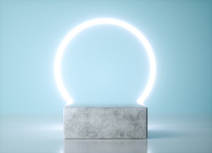 Foto forma cuadrada de exposición de productos con conceptos modernos y elegantes. luz de neón sobre pedestal de mármol. render 3d