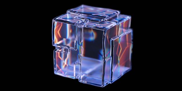 Forma cúbica de vidrio de dispersión abstracta sobre un fondo negro Rendering en 3D de la caja de cristal