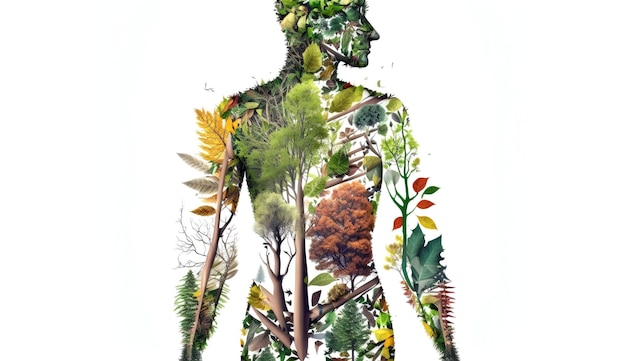 Forma del cuerpo humano hecha de mundo de medio ambiente verde bosque árbol plantas animal vida silvestre Generativo Ai