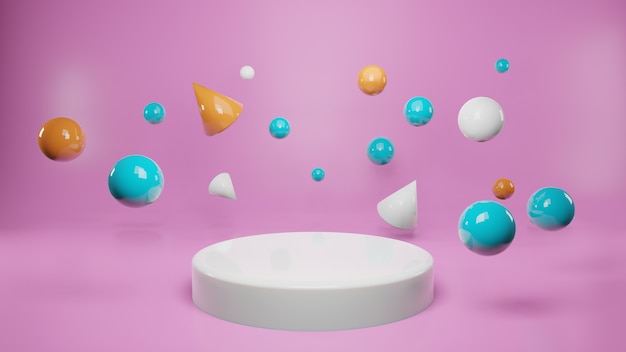 Forma de bola e cone flutuando ao redor do pódio em fundo rosa. apresentação do produto, publicidade, renderização em 3d