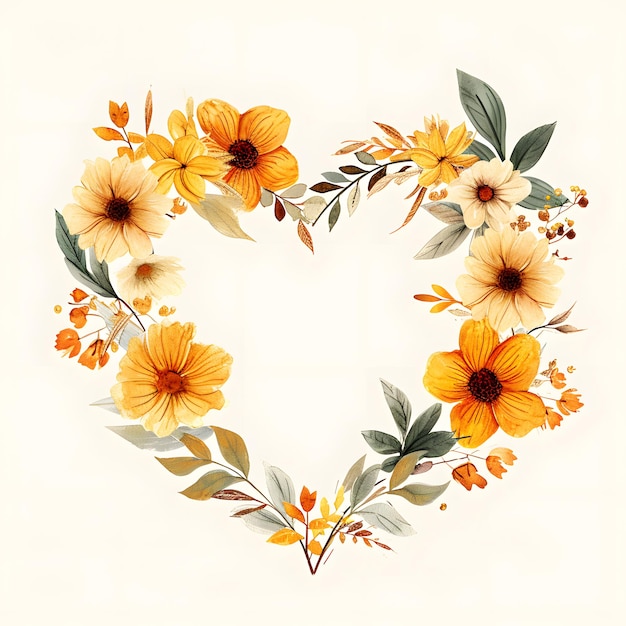 Forma de coração aquarela buquê amarelo flores e folhas ilustração