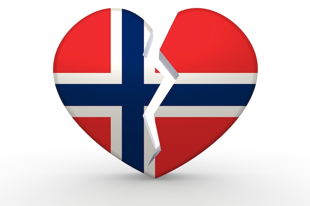 Forma de coração branco quebrado com bandeira da noruega
