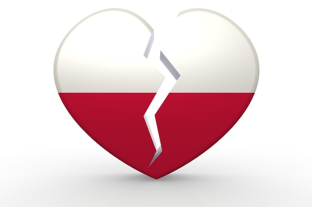 Forma de coração branco quebrado com bandeira da Polônia