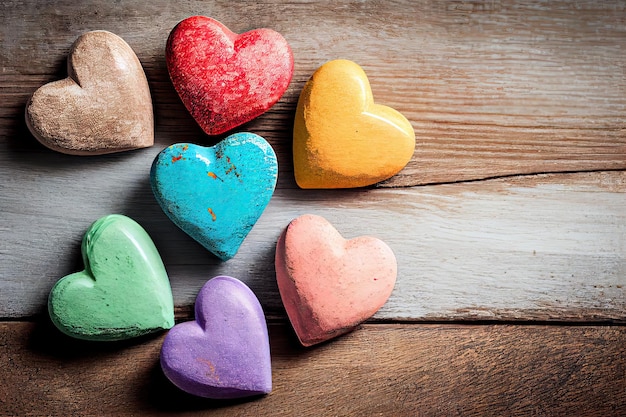 Forma de coração colorida de madeira em fundo de madeira Dia dos Namorados forma de coração colorida em madeira velha b