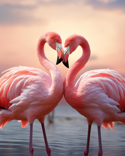 Forma de coração de afeição de flamingos em águas azuis contra fundo natural