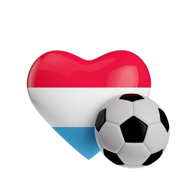 Forma de coração de bandeira de Luxemburgo com uma bola de futebol Amo futebol 3D Rendering