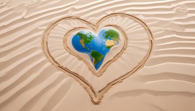 forma de coração desenhada na areia com um mapa do mundo